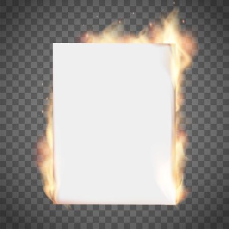 White empty sheet of paper on fire. Isolated on a transparent background. Vector templateのイラスト素材