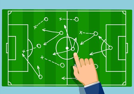 Game strategy on the soccer field. Coach points finger at the football scheme. Vector flat graphic illustration.のイラスト素材