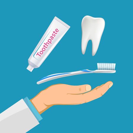 Dentist hand with a toothbrush and toothpaste. Hygiene and caries prevention. Vector illustration.のイラスト素材