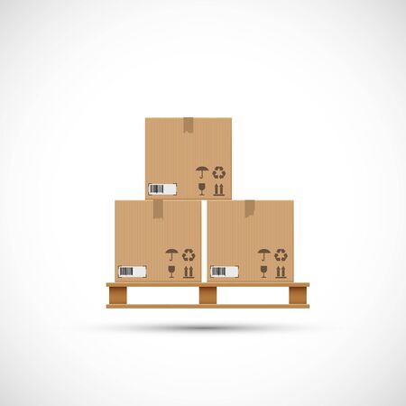 Cardboard boxes on a wooden pallet. Isolated on a white background. Storage of parcels in a warehouse. Vector iconのイラスト素材