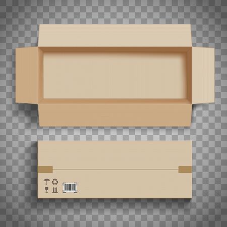 Empty open and closed cardboard box for delivery. Isolated on a transparent background. Vector illustration.のイラスト素材
