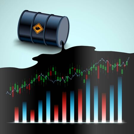 Barrel of crude oil. Financial charts on the background of spilled fuel. Vector illustrationのイラスト素材