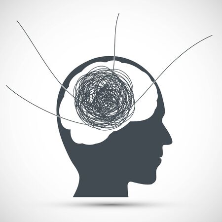 Human head with a tangled ball of thread inside. Mental health icon. Split mind and psychological health. Vector illustration.のイラスト素材