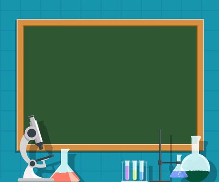 Laboratory or chemistry class. Chemical scientific equipment flasks and microscope. Empty chalk board. Vector illustration in the style of a flat graphic.のイラスト素材