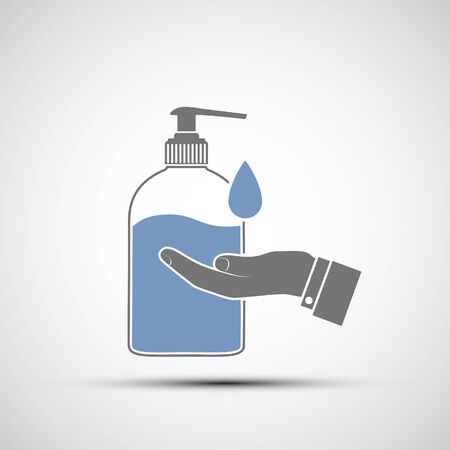 Hand sanitizer gel or soap in a bottle with dispenser. Hygiene and prevention of coronavirus. Isolated on a white background. Vector icon.のイラスト素材
