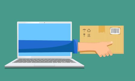 Courier holding a paper box parcel in his hands. E-commerce and online shopping. Vector illustrationのイラスト素材