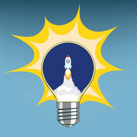 Light bulb with a rocket taking off inside. Business startup concept. Vector illustration