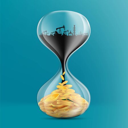 Sandglass with oil rig and gold coins. Vector illustrationのイラスト素材