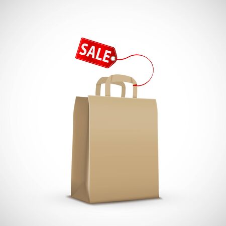 Paper shopping bag with sale tag. Icon isolated on a white background. Vector illustration.のイラスト素材