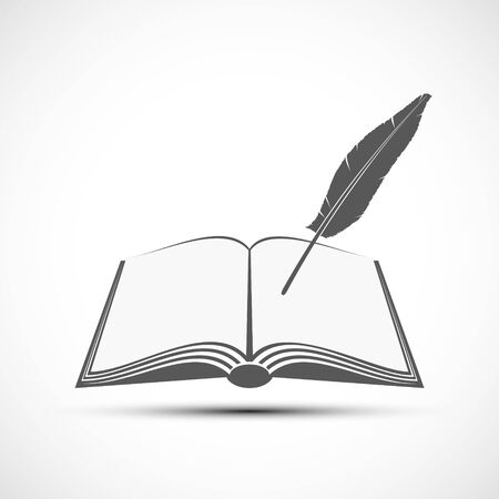Logo open book with feather. Bookstore icon. Isolated on a white background. Vector illustrationのイラスト素材