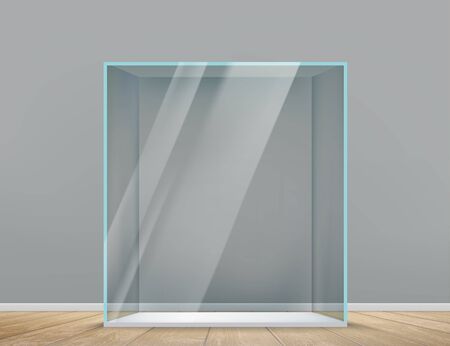 Glass empty transparent cube indoors. Showcase for presentation. Vector templateのイラスト素材