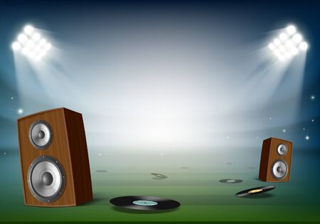 Vinyl and music speakers in the stadium. Open air festival. Vector illustrationのイラスト素材
