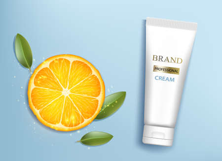 Tube cream with orange slice. Template package cosmetic moisturizing suntan lotion. Vector illustrationのイラスト素材