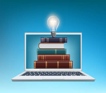 Stack of books with a light bulb in the laptop screen. Online e-learning. Vector illustrationのイラスト素材