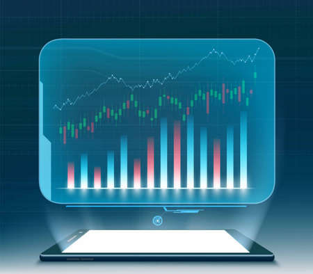 Financial graphs and charts on the projection screen of the smartphone. Vector illustrationのイラスト素材