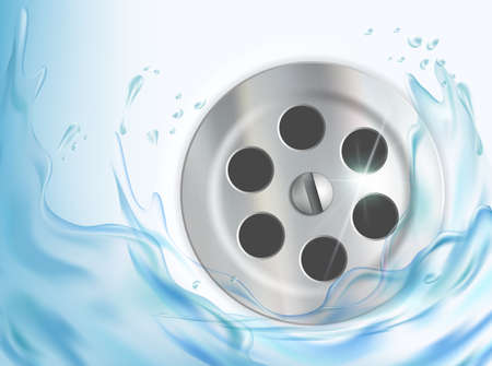 Water flows into the drain hole in the sink. Vector illustrationのイラスト素材