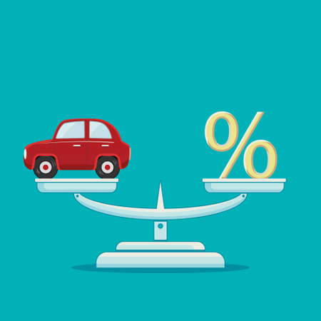 Car and percent sign on scales. Loan and insurance concept. Vector illustration.のイラスト素材