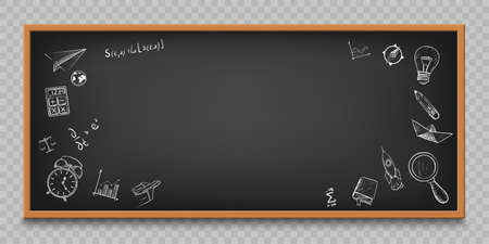 Blackboard with sketches and doodles. Back to school background with copy space. Template isolated on a transparent background. Vector illustrationのイラスト素材