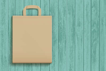 Empty brown paper bag on a wooden surface. Vector template. Mockup for advertisingのイラスト素材