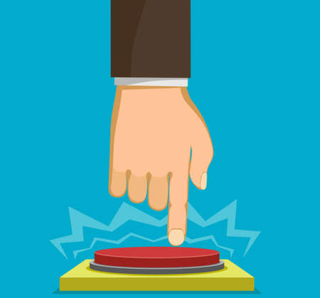 Man presses his finger on the red button. Vector illustration.