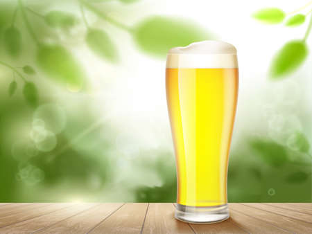 Glass of light beer standing on a wooden table outdoors. Vector illustration.のイラスト素材