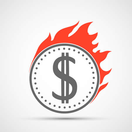 Dollar currency coin icon is burning with a flame. Logo isolated on white background. Vector illustrationのイラスト素材