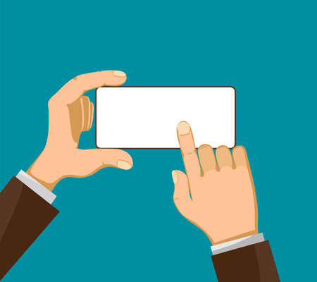 Man touches his finger white screen smartphone. Phone template.のイラスト素材