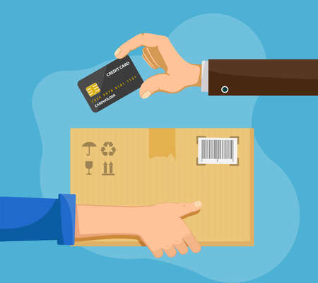 Delivery man or postman holds a cardboard box parcel. The buyer gives a credit card. Vector illustration.のイラスト素材