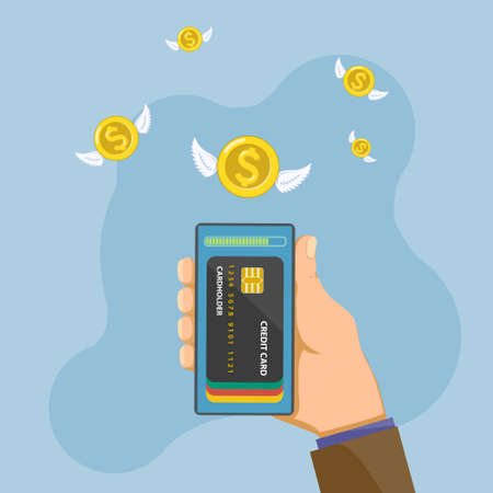 Man holds a smartphone in his hand with credit cards on the screen. Online banking application in the phone.のイラスト素材