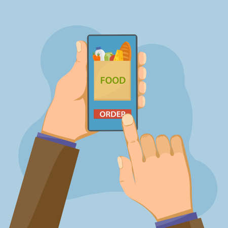 Customer orders food via a smartphone in an online store.のイラスト素材