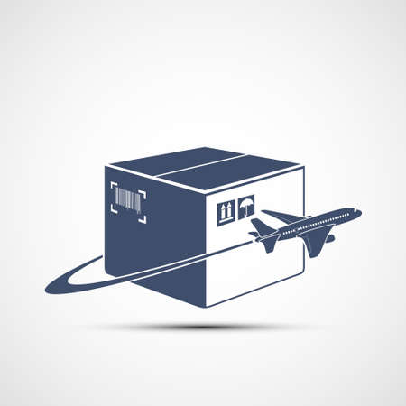 Plane flies around the cardboard box. Delivery of cargo around the world. Icon isolated on white background. Vector illustration.のイラスト素材