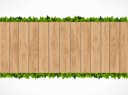 Wooden fence with green leaves behind. Banner isolated on white background. Vector illustration.のイラスト素材
