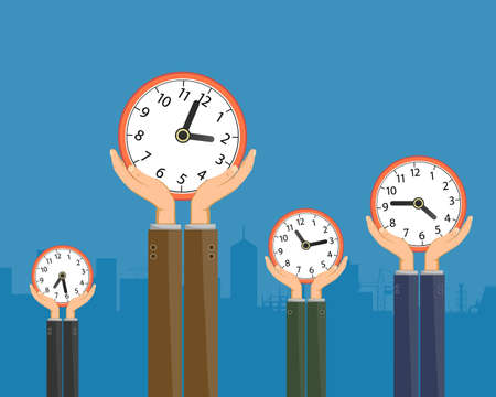 People are holding the wall clock in their hands. Time management concept. Vector illustration