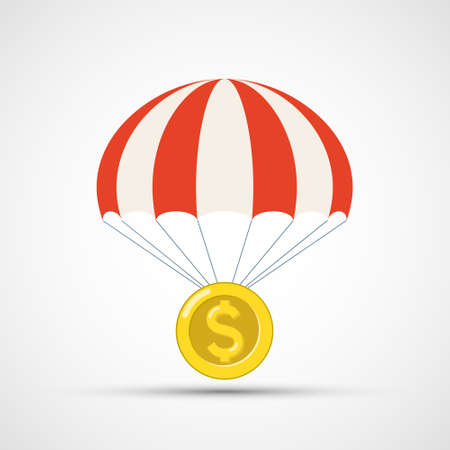 Gold dollar coin is falling by parachute. Icon isolated on white background. Vector illustration.のイラスト素材