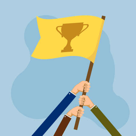 Teamwork and goal achievement symbol. People are holding a flag with a golden cup. Vector illustration.のイラスト素材