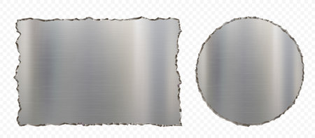 Set of metal plates with ragged edges. Template isolated on a transparent background. Vector illustrationのイラスト素材