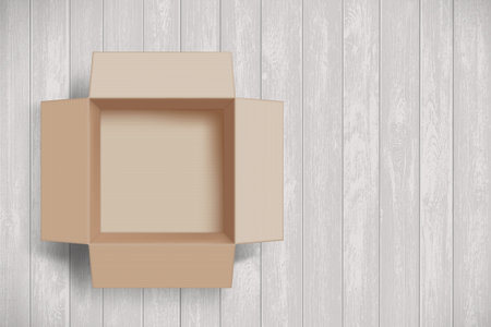 Open empty cardboard box on the wooden floor. Vector mockup.のイラスト素材
