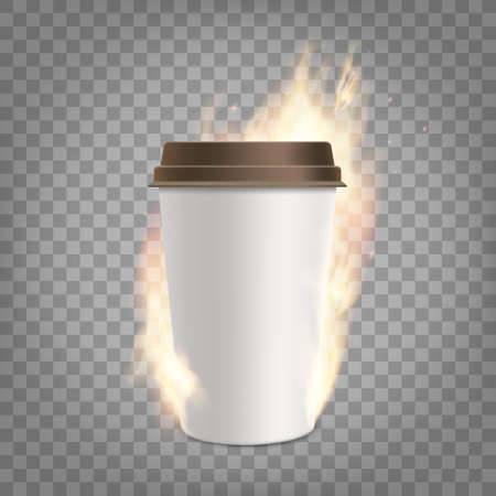 Coffee paper cup with fresh coffee is on fire. Template isolated on a transparent background. Vector illustrationのイラスト素材