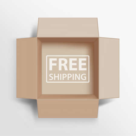 Opened cardboard box with an inscription Free Shipping. Vector illustration.
