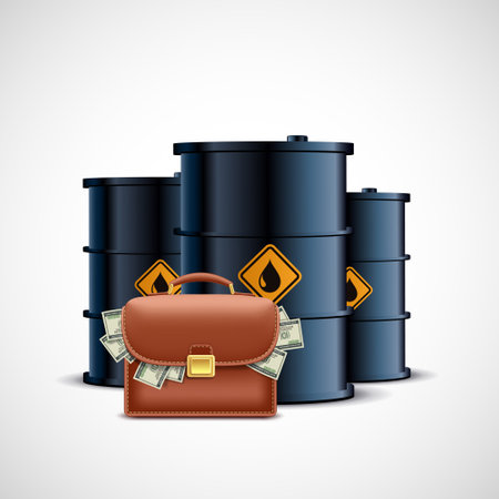 Briefcase with dollar paper currencies on the background of oil barrels. Vector illustration.のイラスト素材