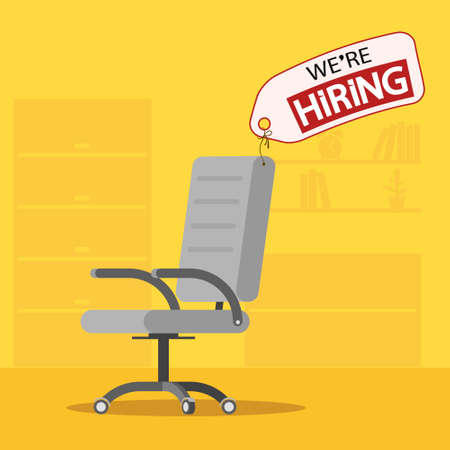We are hiring on the label on the work chair. Job vacancy advertising. Vector illustration in flat graphic style.のイラスト素材