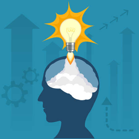 Human head with a rocket taking off inside. Vector illustration.