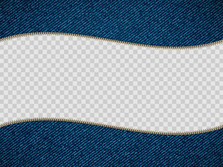 Zipper on a denim background. Template with copy space isolated on a transparent background. Vector illustration.のイラスト素材