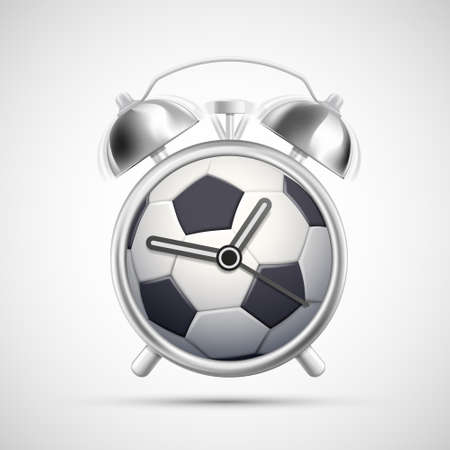 Soccer ball on the clock face of an alarm clock. Icon isolated on white background. Vector illustrationのイラスト素材