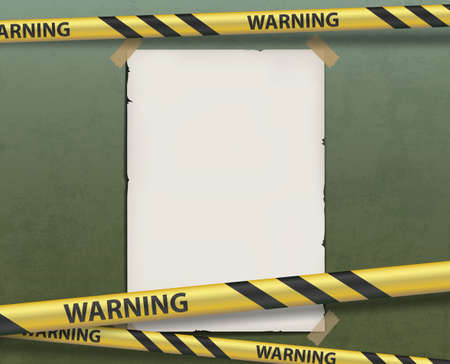Blank sheet of paper on a metal wall. Template for copy space. Yellow warning tape. Vector backgroundのイラスト素材