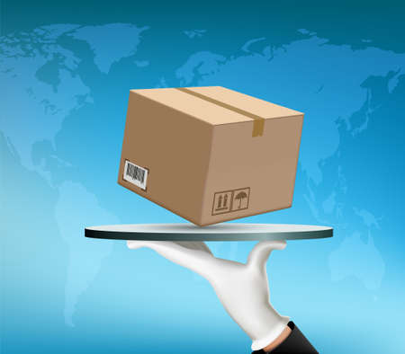 Waiter is holding a tray with a cardboard box. Delivery of cargo. Vector illustrationのイラスト素材