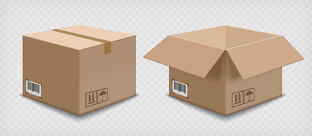 Open and closed cardboard boxes template. Isolated on a transparent background. Vector illustration.のイラスト素材