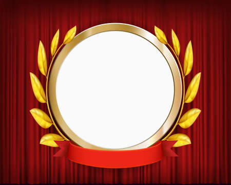Frame with a gold laurel wreath on the background of a red curtain. Template for copy space. Vector mockup.のイラスト素材