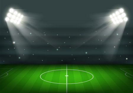 Empty football field with green grass on the stadium. Sports background illuminated by spotlight. Vector illustration.のイラスト素材