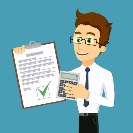Male accountant holds a document report and calculator. Vector illustration.のイラスト素材